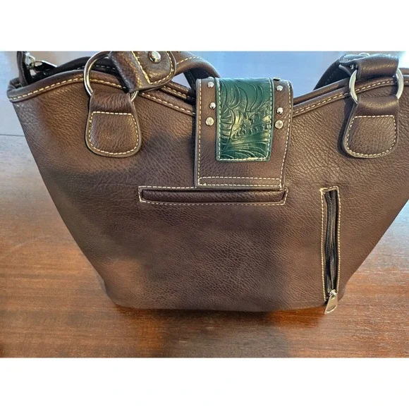 Montana West Buckle Shoulder Tote Purse Concealed Carry Rhinestones Brown Green - Picture 2 of 12